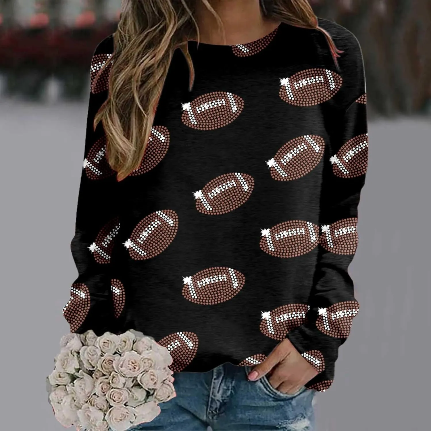 Women Game Day Sweatshirt Ladies' Round Neck Long Sleeved Printed Solid Color Cute Football Graphic