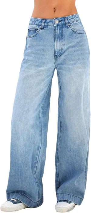 Women High Waist Baggy Jeans Wide Leg Denim Jeans Straight Casual Loose Trousers with Pocket Classic Streetwear (Dark Blue, S)