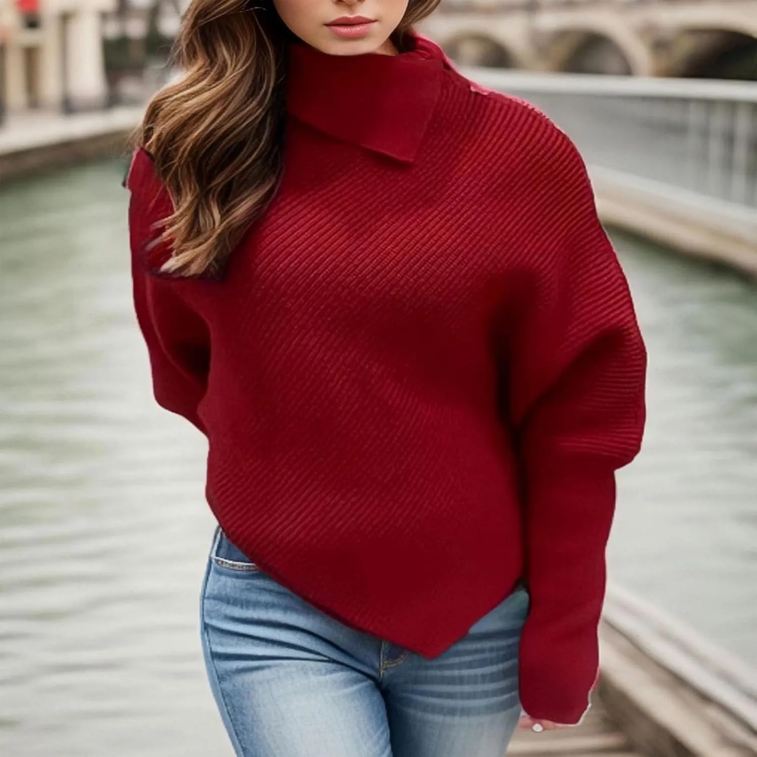 Women Long Sleeve Sweaters Turtleneck Oversized Chunky Sweaters Fall Outfits Asymmetric Hem Tops