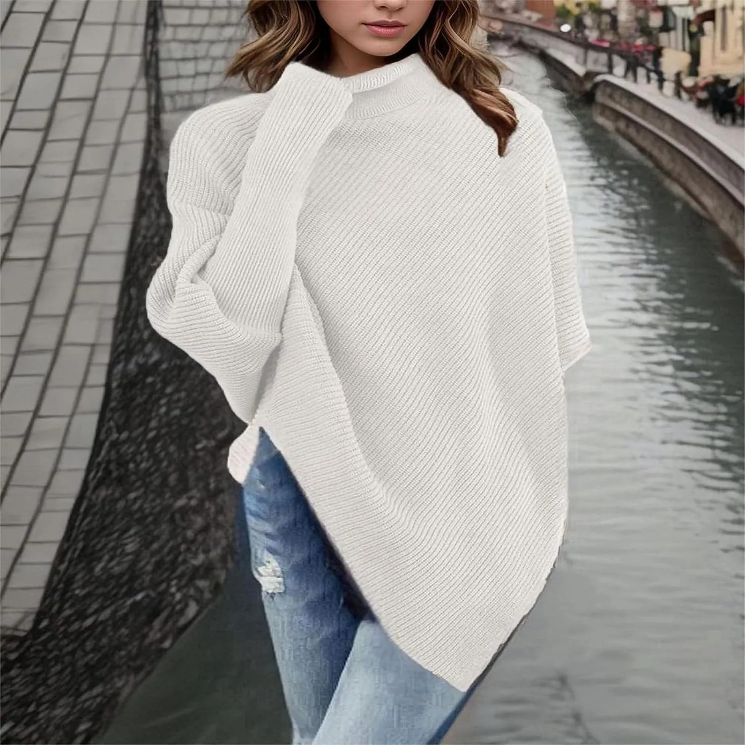 Women Long Sleeve Sweaters Turtleneck Oversized Chunky Sweaters Fall Outfits Asymmetric Hem Tops