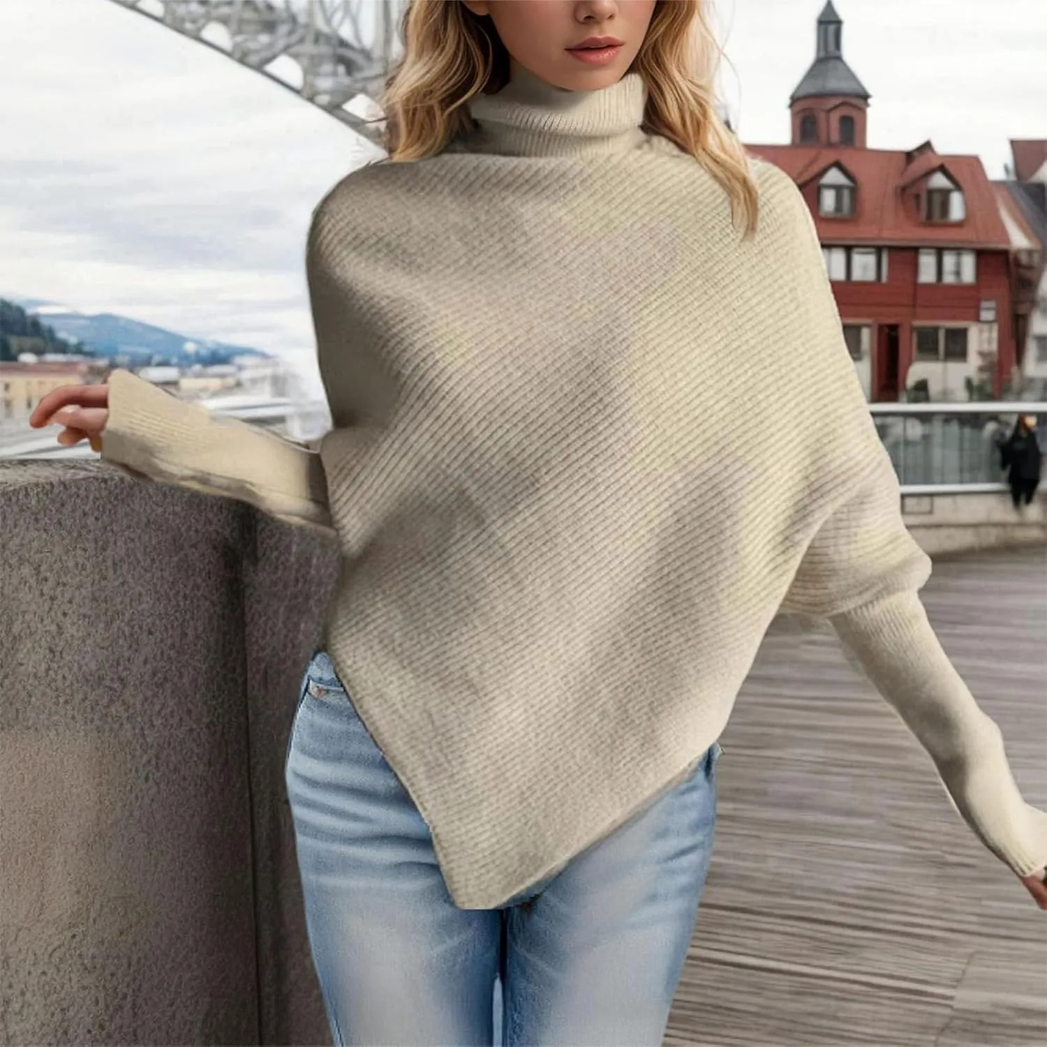 Women Long Sleeve Sweaters Turtleneck Oversized Chunky Sweaters Fall Outfits Asymmetric Hem Tops