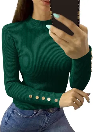 Women Mock Neck Tops Ribbed Knit Button Blouses Long Sleeve Winter Fit Slim Sweater Fall Y2K Shirts Cute Clothes