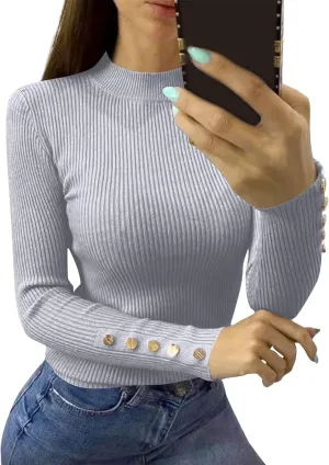 Women Mock Neck Tops Ribbed Knit Button Blouses Long Sleeve Winter Fit Slim Sweater Fall Y2K Shirts Cute Clothes