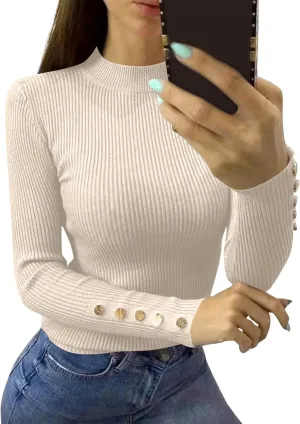 Women Mock Neck Tops Ribbed Knit Button Blouses Long Sleeve Winter Fit Slim Sweater Fall Y2K Shirts Cute Clothes