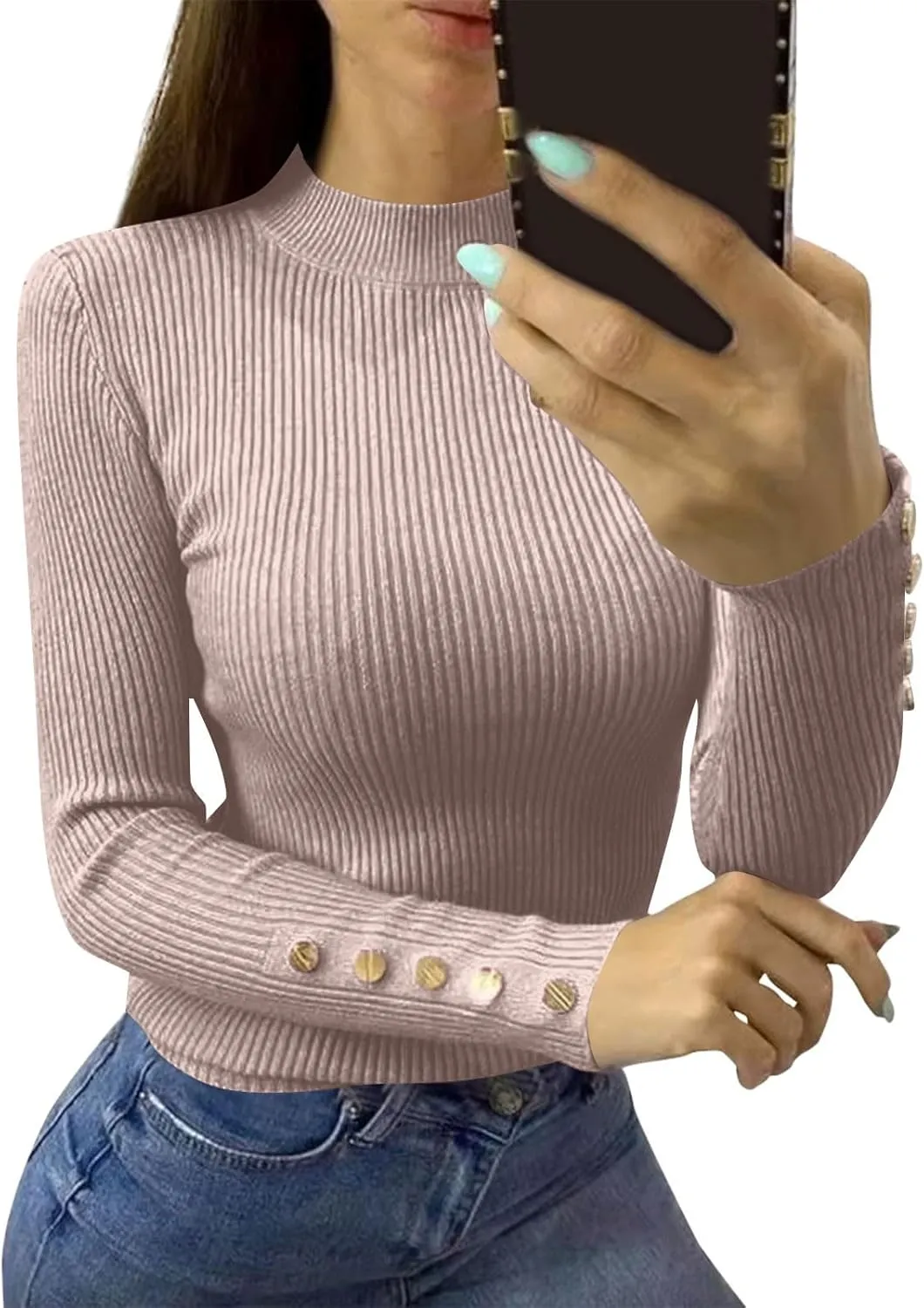 Women Mock Neck Tops Ribbed Knit Button Blouses Long Sleeve Winter Fit Slim Sweater Fall Y2K Shirts Cute Clothes