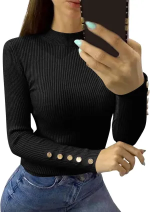 Women Mock Neck Tops Ribbed Knit Button Blouses Long Sleeve Winter Fit Slim Sweater Fall Y2K Shirts Cute Clothes
