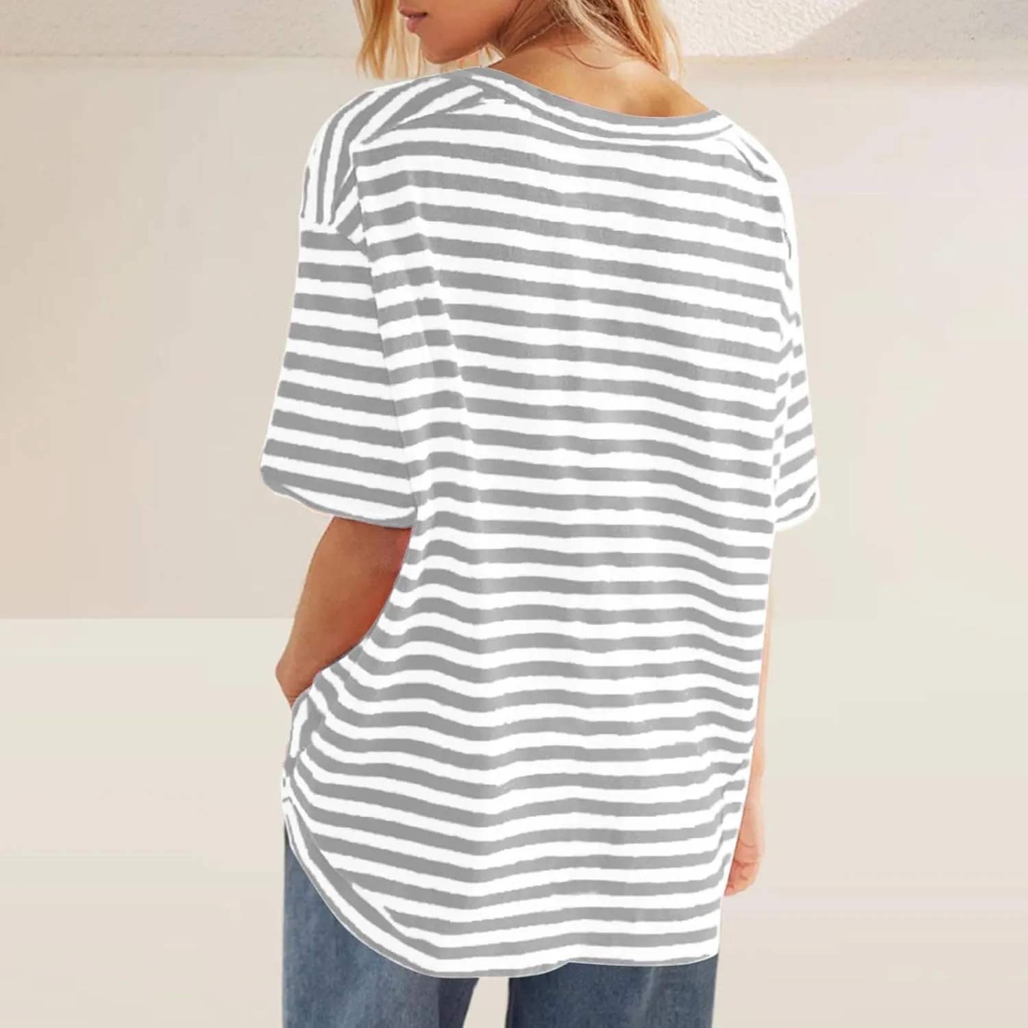 Women Oversized T Shirt Striped Short Sleeve V Neck Tee Shirt Casual Loose Drop Shoulder Summer Tops Outfits