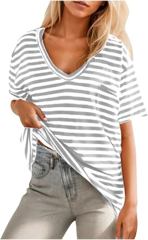 Women Oversized T Shirt Striped Short Sleeve V Neck Tee Shirt Casual Loose Drop Shoulder Summer Tops Outfits
