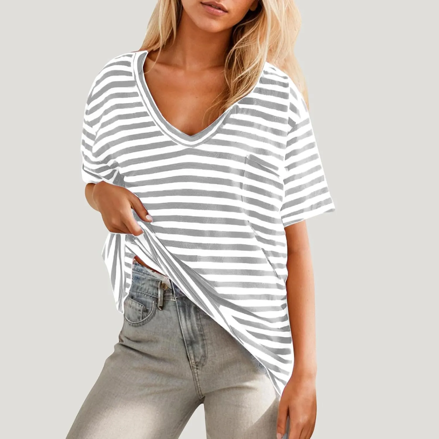 Women Oversized T Shirt Striped Short Sleeve V Neck Tee Shirt Casual Loose Drop Shoulder Summer Tops Outfits