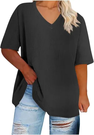 Women Plus Size Short Sleeve Tops Solid Color V-Neck T Shirt Comfy Basic Loose Shirts Summer Daliy Work Outfits