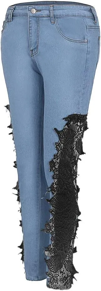 Women Ripped Boyfriend Jeans Embroidered Skinny Denim Jeans Patchwork Lace Floral Jeans Slim Fit Casual Pencil Pants