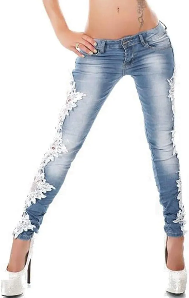 Women Ripped Boyfriend Jeans Embroidered Skinny Denim Jeans Patchwork Lace Floral Jeans Slim Fit Casual Pencil Pants