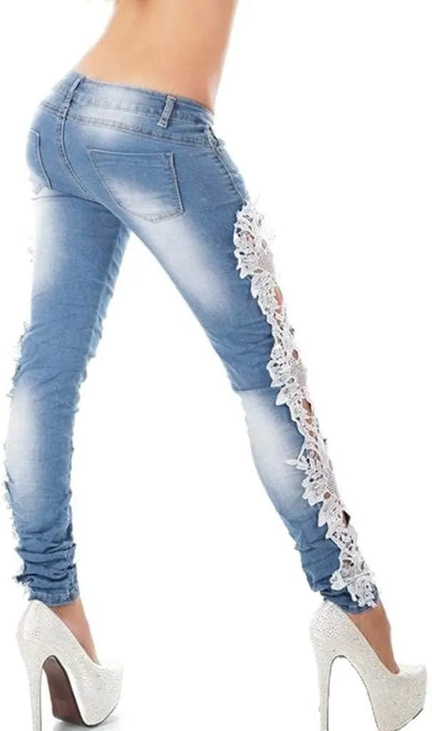 Women Ripped Boyfriend Jeans Embroidered Skinny Denim Jeans Patchwork Lace Floral Jeans Slim Fit Casual Pencil Pants