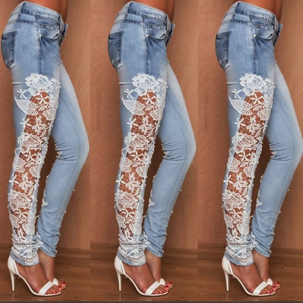 Women Ripped Boyfriend Jeans Embroidered Skinny Denim Jeans Patchwork Lace Floral Jeans Slim Fit Casual Pencil Pants