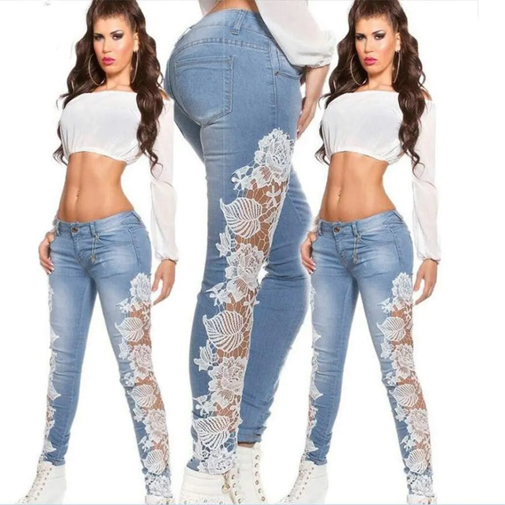 Women Ripped Boyfriend Jeans Embroidered Skinny Denim Jeans Patchwork Lace Floral Jeans Slim Fit Casual Pencil Pants