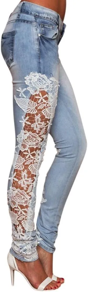 Women Ripped Boyfriend Jeans Embroidered Skinny Denim Jeans Patchwork Lace Floral Jeans Slim Fit Casual Pencil Pants