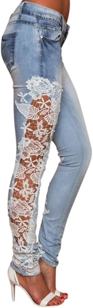 Women Ripped Boyfriend Jeans Embroidered Skinny Denim Jeans Patchwork Lace Floral Jeans Slim Fit Casual Pencil Pants