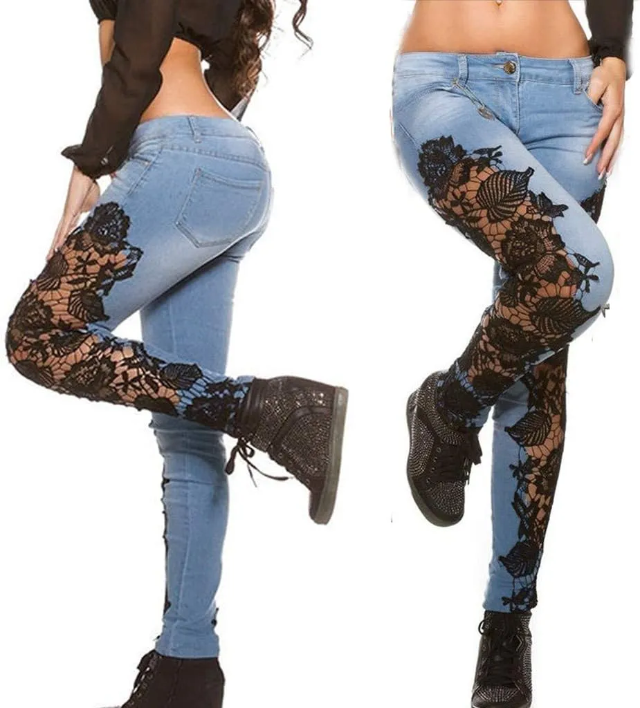 Women Ripped Boyfriend Jeans Embroidered Skinny Denim Jeans Patchwork Lace Floral Jeans Slim Fit Casual Pencil Pants