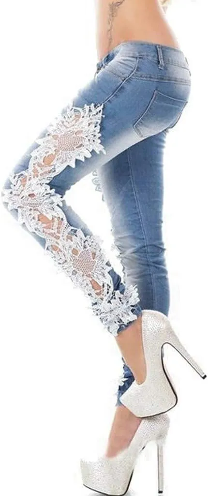 Women Ripped Boyfriend Jeans Embroidered Skinny Denim Jeans Patchwork Lace Floral Jeans Slim Fit Casual Pencil Pants
