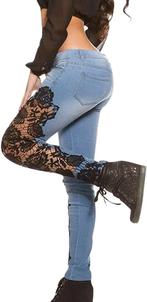 Women Ripped Boyfriend Jeans Embroidered Skinny Denim Jeans Patchwork Lace Floral Jeans Slim Fit Casual Pencil Pants
