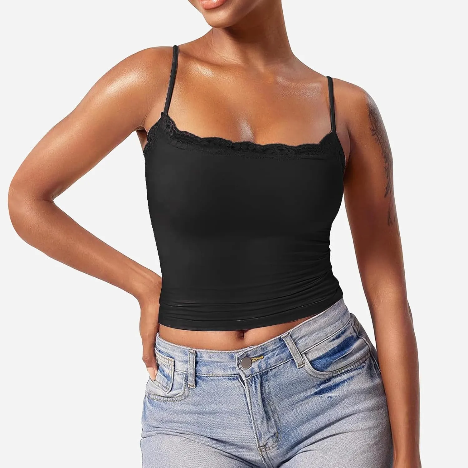 Women Sexy Lace Tank Top Square Neck Slim Fit Sleeveless Spaghetti Strap Y2K Tops Summer Going Out Crop Vest