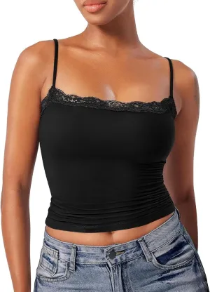 Women Sexy Lace Tank Top Square Neck Slim Fit Sleeveless Spaghetti Strap Y2K Tops Summer Going Out Crop Vest
