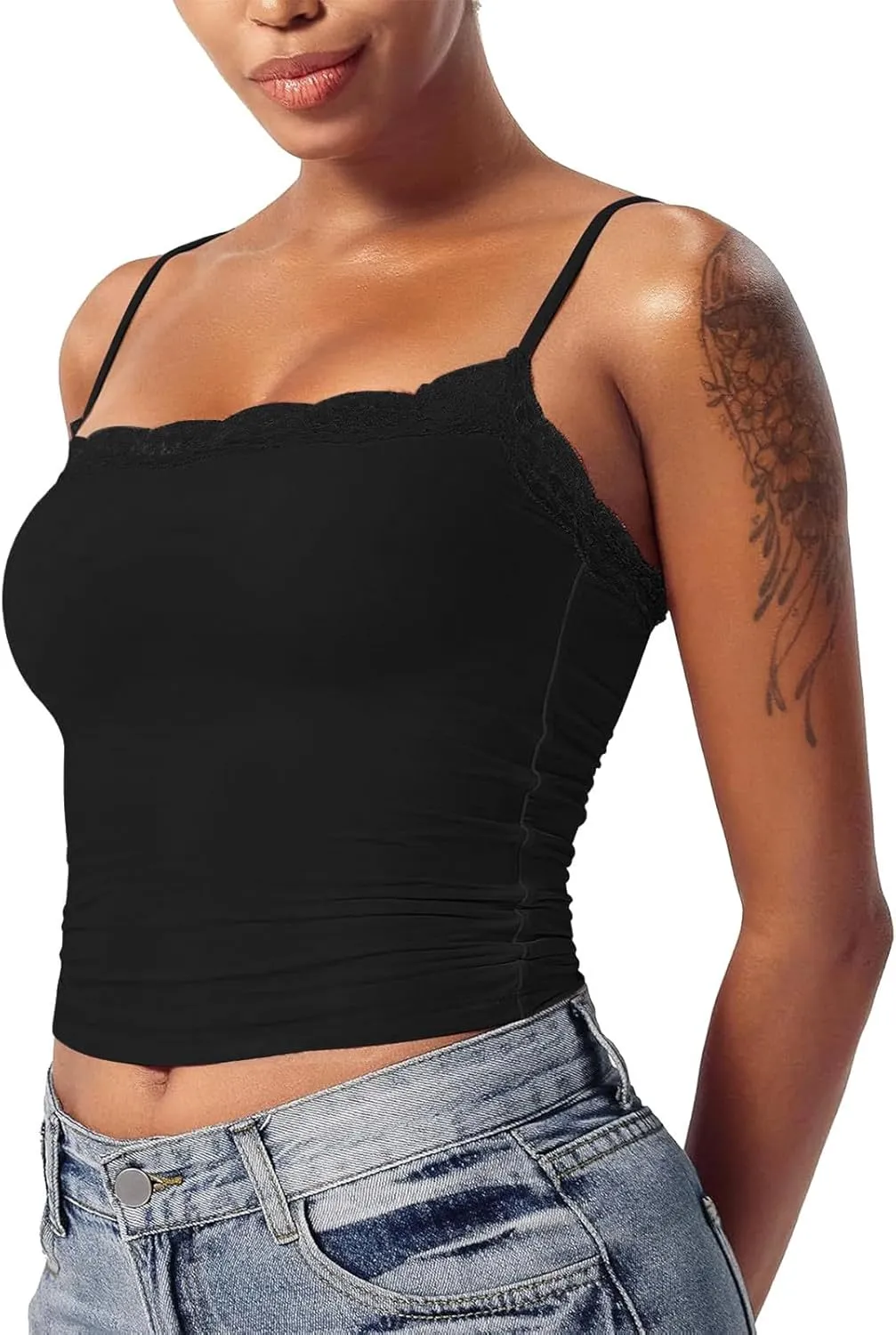Women Sexy Lace Tank Top Square Neck Slim Fit Sleeveless Spaghetti Strap Y2K Tops Summer Going Out Crop Vest