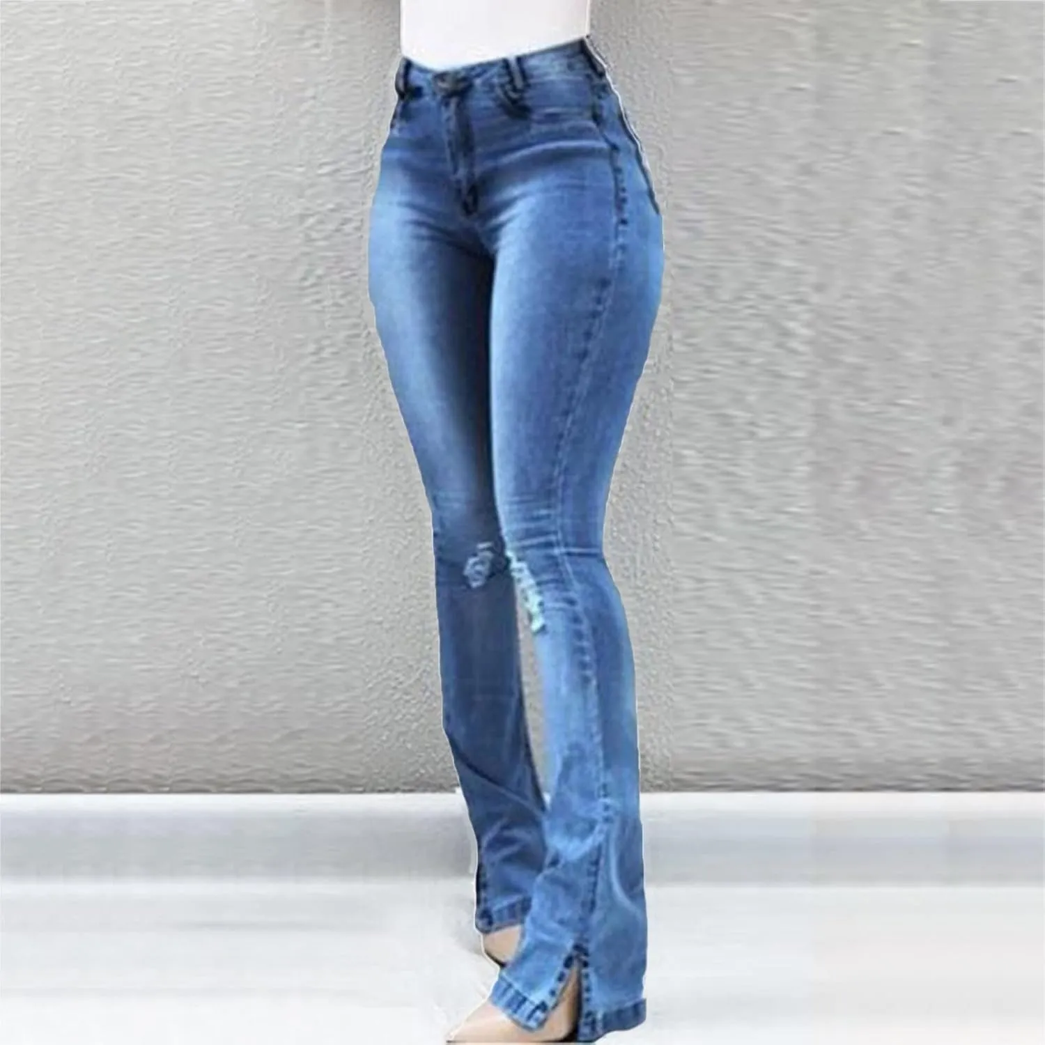 Women Sexy Ripped Hip Lift Denim Pants Bell Bottom Jeans Casual High Waisted Flare Jeans with Classic Wide Leg Pants