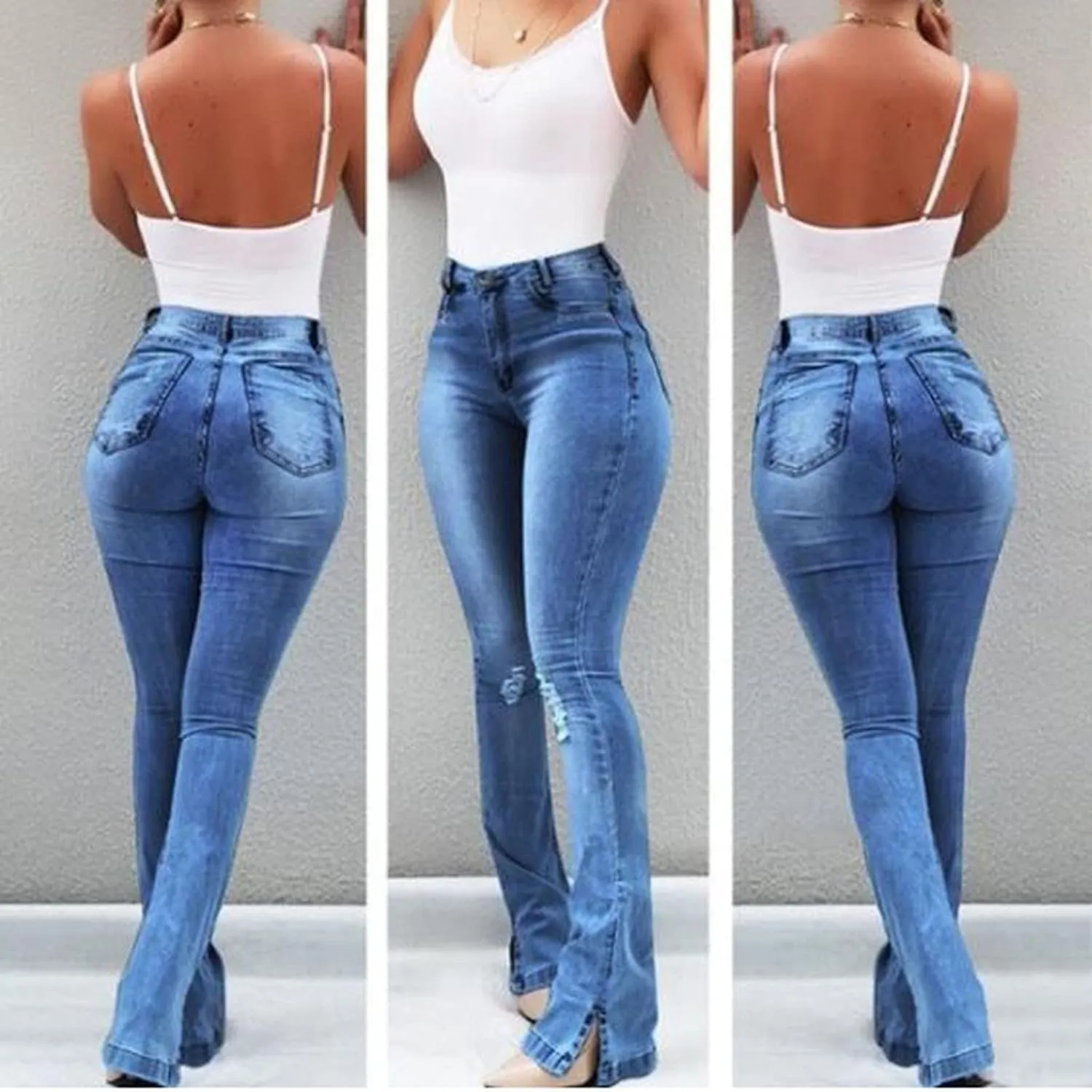 Women Sexy Ripped Hip Lift Denim Pants Bell Bottom Jeans Casual High Waisted Flare Jeans with Classic Wide Leg Pants