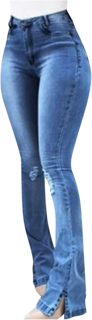 Women Sexy Ripped Hip Lift Denim Pants Bell Bottom Jeans Casual High Waisted Flare Jeans with Classic Wide Leg Pants