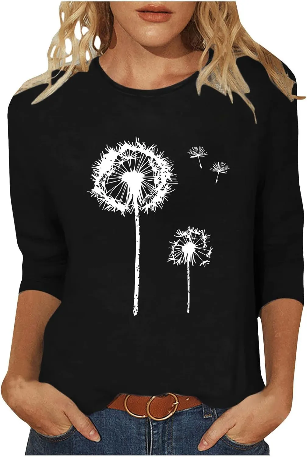 Women Summer Fashion Tops Dandelion Print 3/4 Sleeves Crew Neck Shirts Loose Fit Cute Graphic Tees Causal Blouse