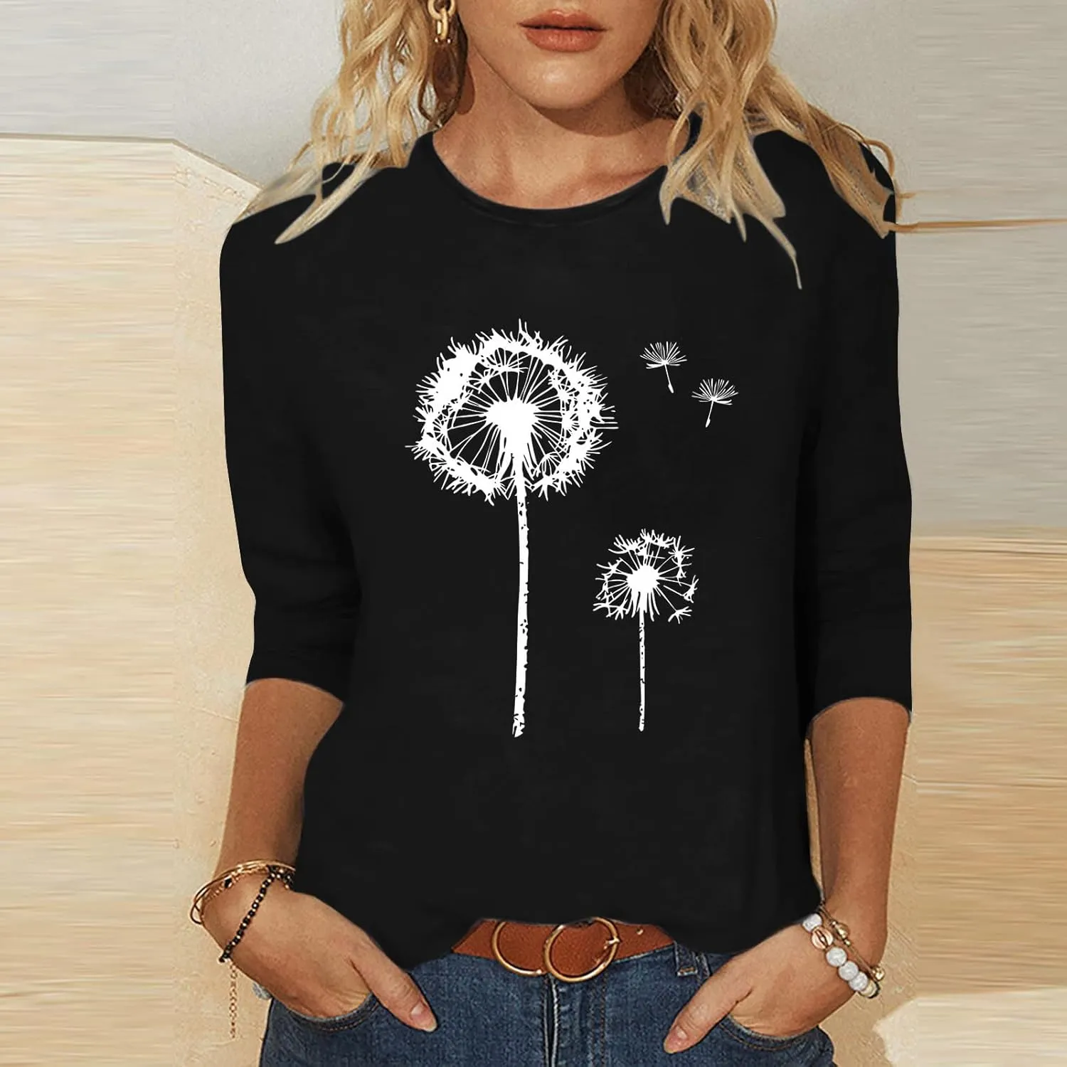 Women Summer Fashion Tops Dandelion Print 3/4 Sleeves Crew Neck Shirts Loose Fit Cute Graphic Tees Causal Blouse