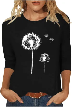 Women Summer Fashion Tops Dandelion Print 3/4 Sleeves Crew Neck Shirts Loose Fit Cute Graphic Tees Causal Blouse