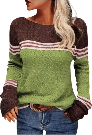Women Trendy Jumper Striped Pullover Sweater Casual Lightweight Knit Tops Soft Fall Cable Sweaters Knitwear Shirts