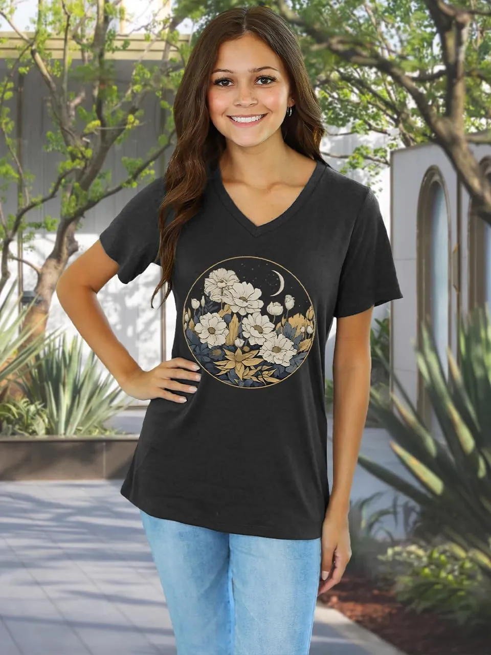Women V Neck Sunflower Graphic Shirt Cute Dandelion Teen Girls Tee Tops Short Sleeve Cowgirls Casual T Shirts