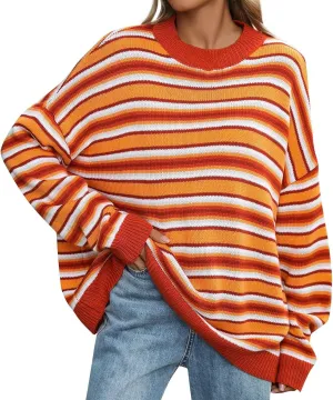 Women Y2K Striped Color Block Pullover Sweater Long Sleeve Round Neck Vintage Knit Pullover Knitwear 90s Sweater