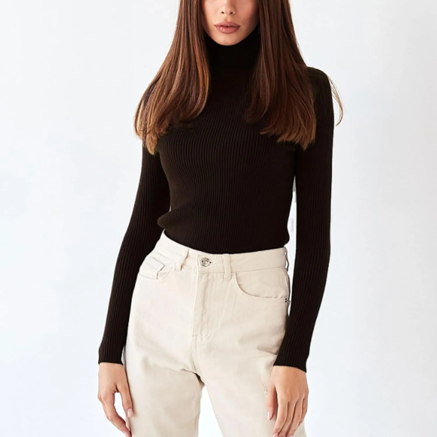 Women's 2024 Fall Long Sleeve Turtleneck T Shirt Ribbed Knit Sweater Slim Fit Basic Casual Fitted Basic Tee Tops