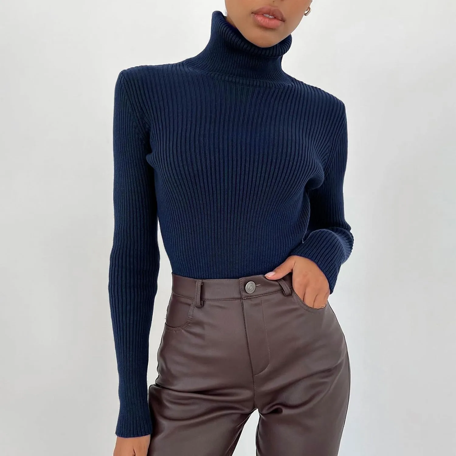 Women's 2024 Fall Long Sleeve Turtleneck T Shirt Ribbed Knit Sweater Slim Fit Basic Casual Fitted Basic Tee Tops