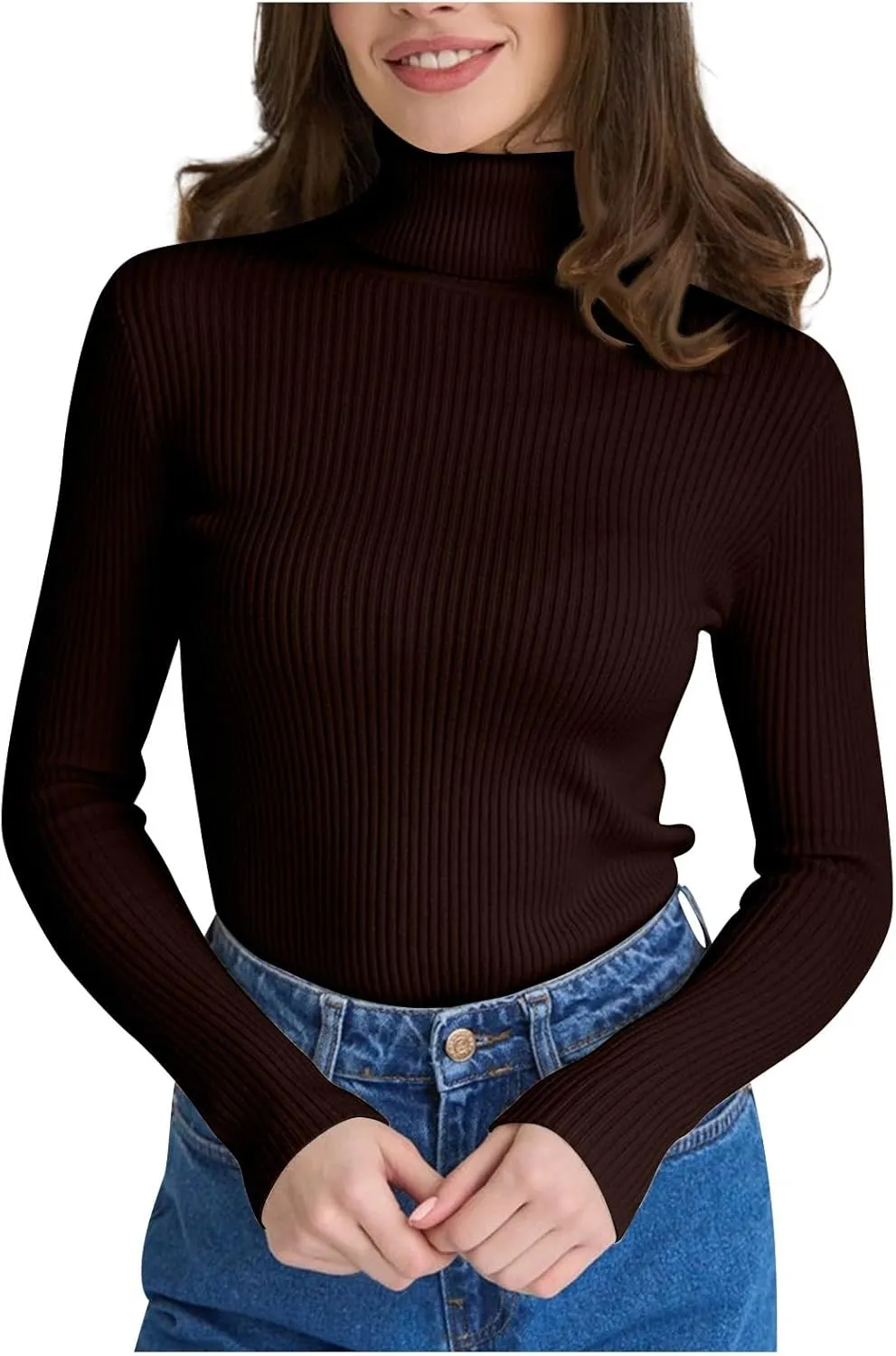Women's 2024 Fall Long Sleeve Turtleneck T Shirt Ribbed Knit Sweater Slim Fit Basic Casual Fitted Basic Tee Tops