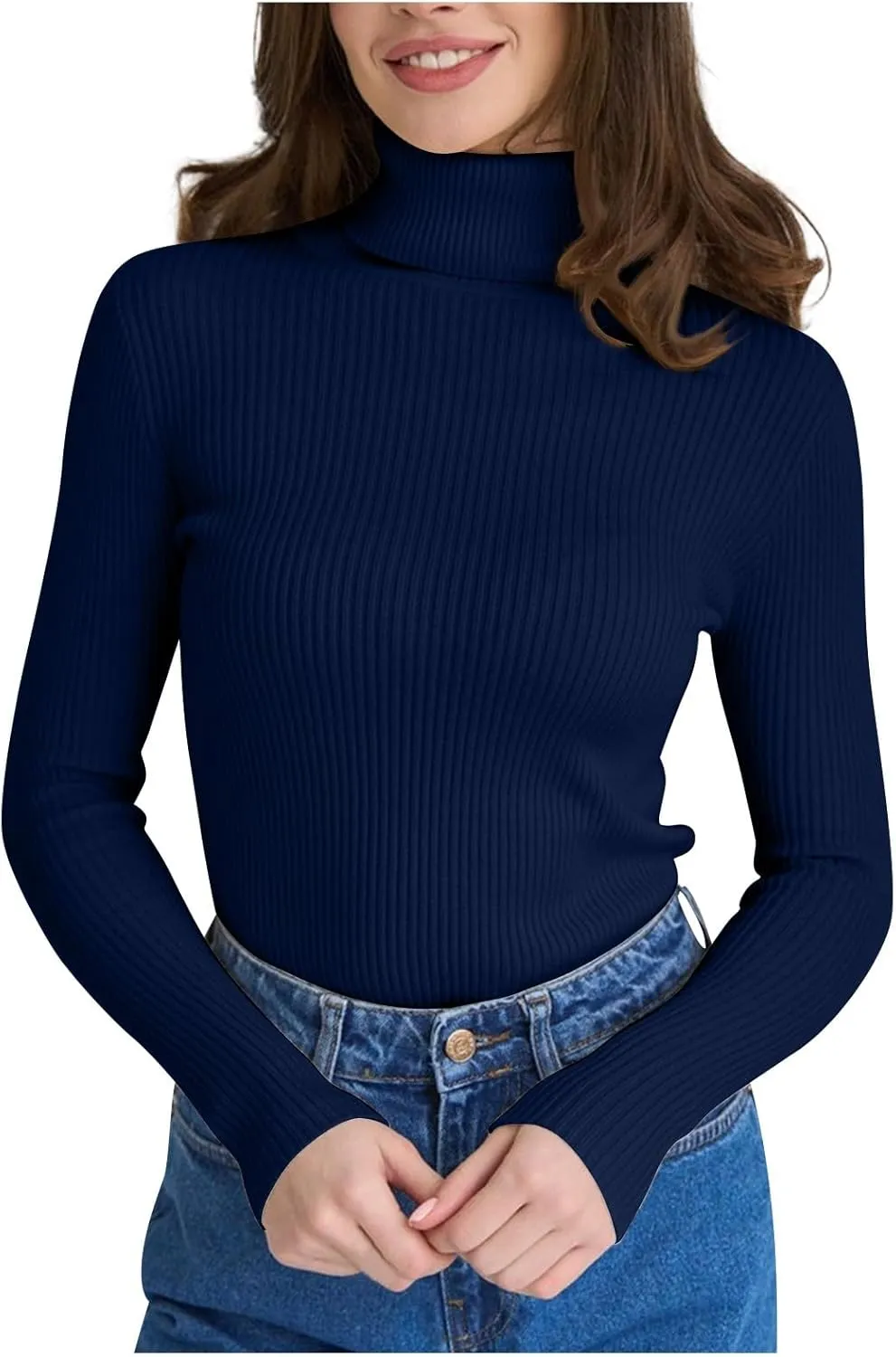 Women's 2024 Fall Long Sleeve Turtleneck T Shirt Ribbed Knit Sweater Slim Fit Basic Casual Fitted Basic Tee Tops