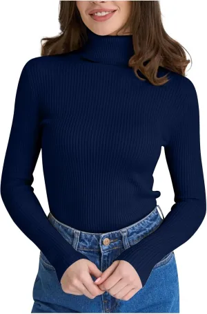 Women's 2024 Fall Long Sleeve Turtleneck T Shirt Ribbed Knit Sweater Slim Fit Basic Casual Fitted Basic Tee Tops
