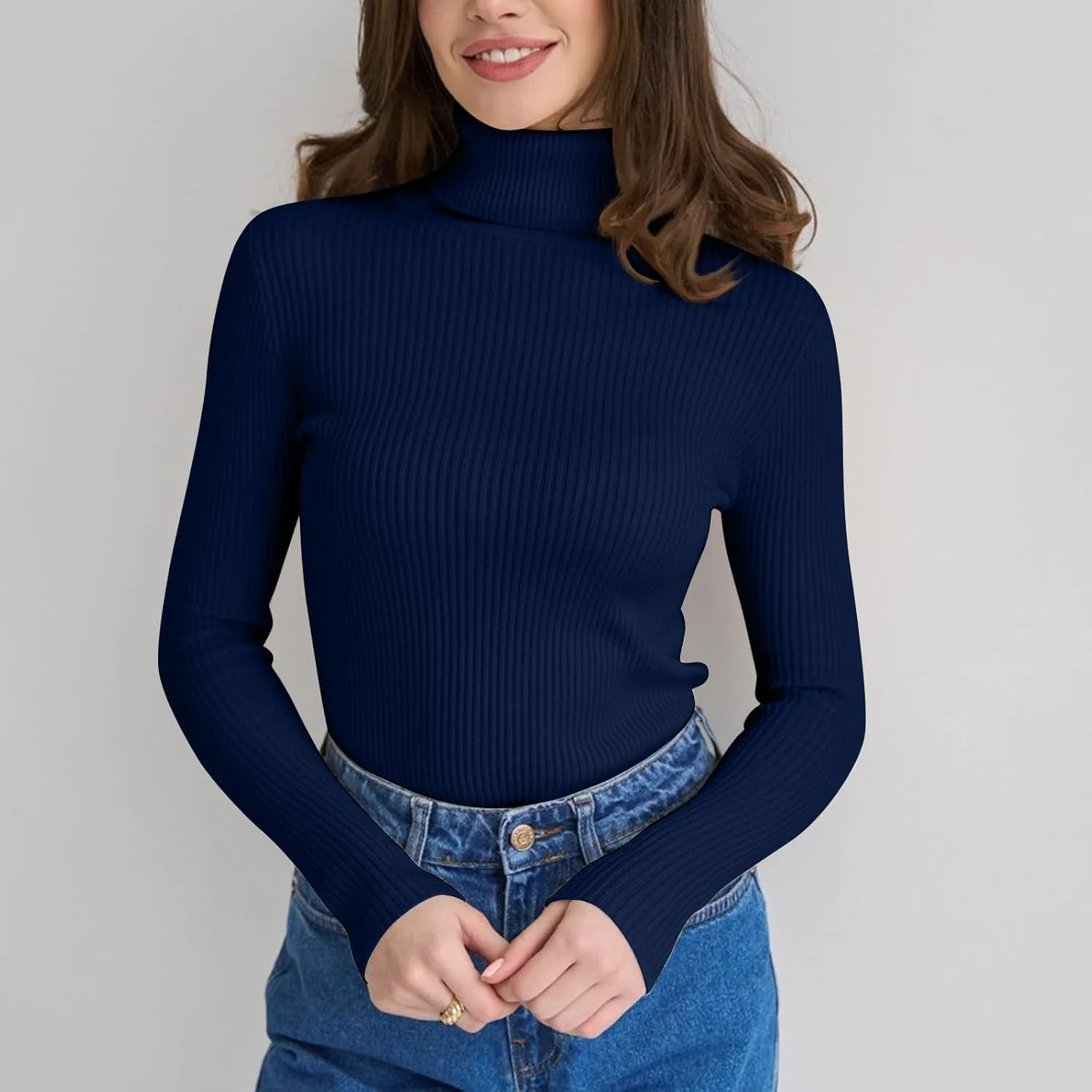 Women's 2024 Fall Long Sleeve Turtleneck T Shirt Ribbed Knit Sweater Slim Fit Basic Casual Fitted Basic Tee Tops