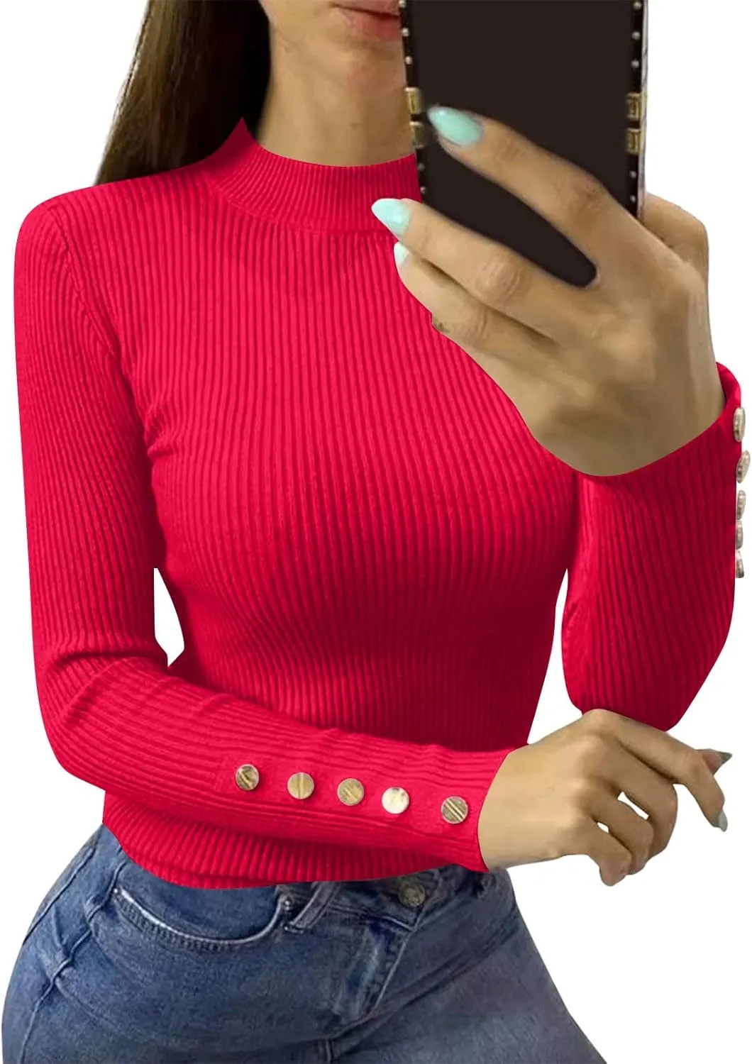 Womens Basic Tops Long Sleeve Mock Turtle Neck Ribbed Sweaters 2024 Winter Button T Shirts Loose Fit Fall Comfy Clothe