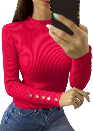 Womens Basic Tops Long Sleeve Mock Turtle Neck Ribbed Sweaters 2024 Winter Button T Shirts Loose Fit Fall Comfy Clothe
