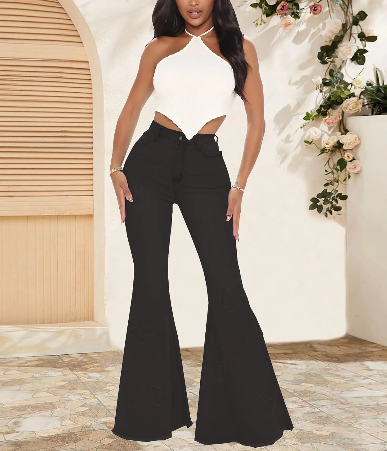 Women's Bell Bottom Jeans Classic Destoryed Ripped Flare Jeans Elastic Waist Raw Hem Denim Pants