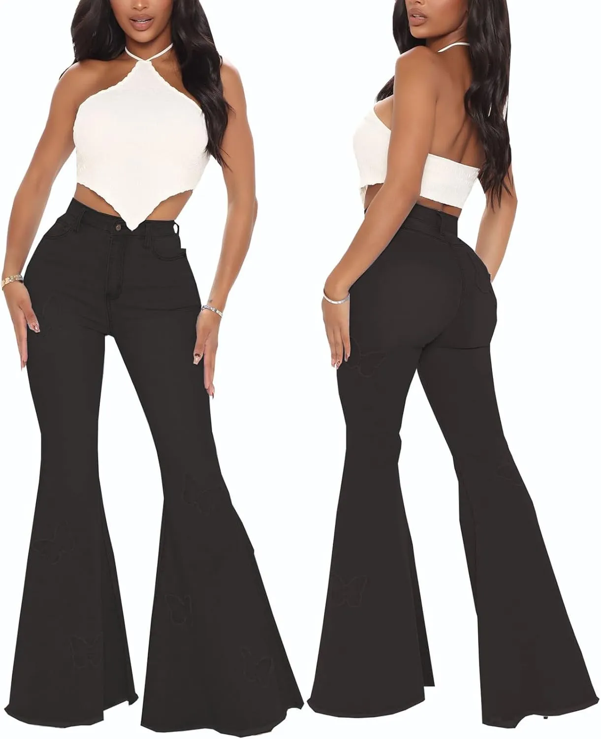 Women's Bell Bottom Jeans Classic Destoryed Ripped Flare Jeans Elastic Waist Raw Hem Denim Pants