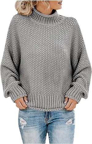 Womens Black Turtleneck Sweater Long Sleeve Casual Sweater Winter Trendy Sweater Loose Fitting Sweater Blouse