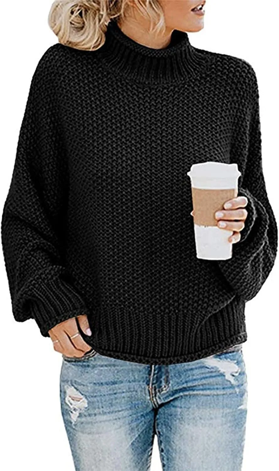 Womens Black Turtleneck Sweater Long Sleeve Casual Sweater Winter Trendy Sweater Loose Fitting Sweater Blouse