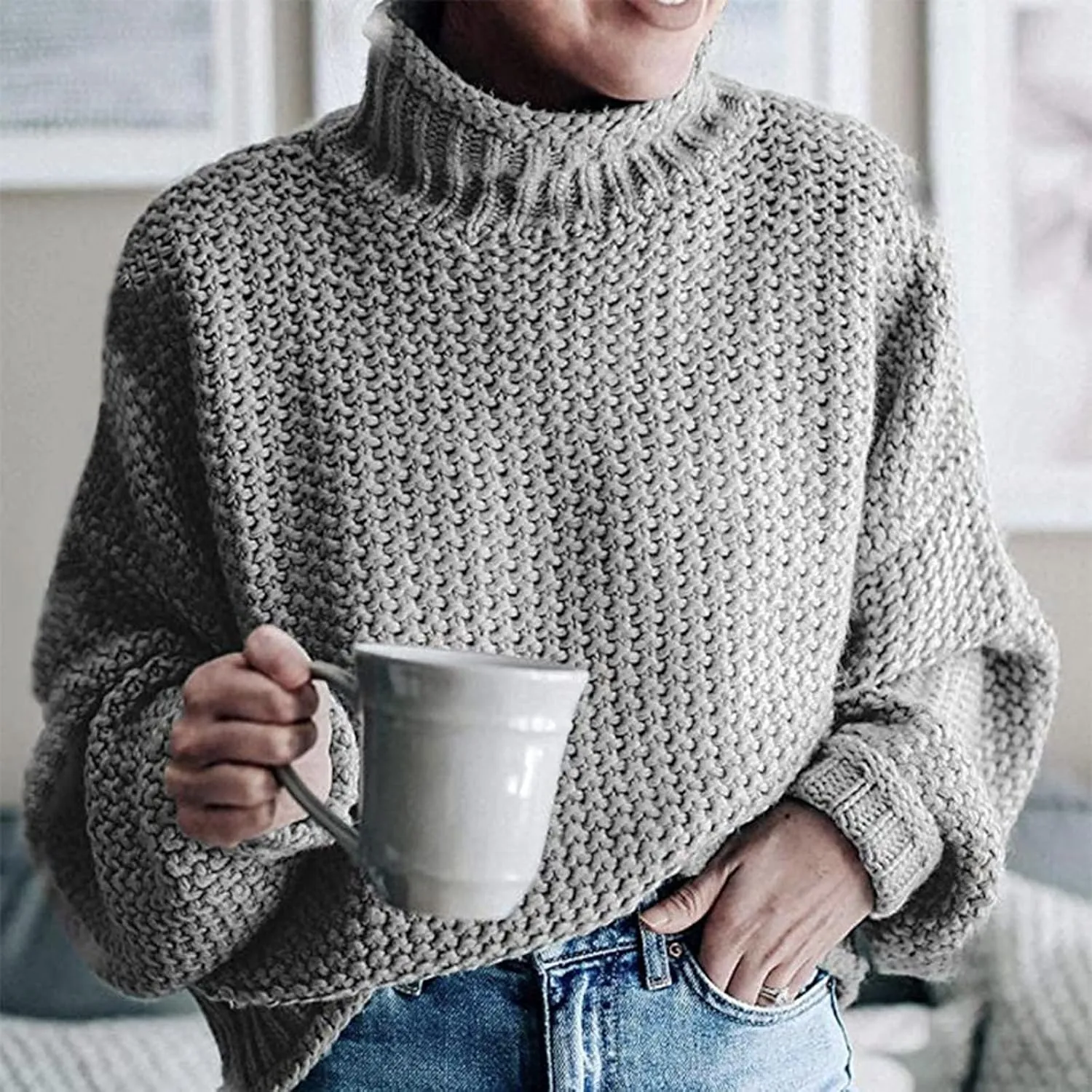 Womens Black Turtleneck Sweater Long Sleeve Casual Sweater Winter Trendy Sweater Loose Fitting Sweater Blouse