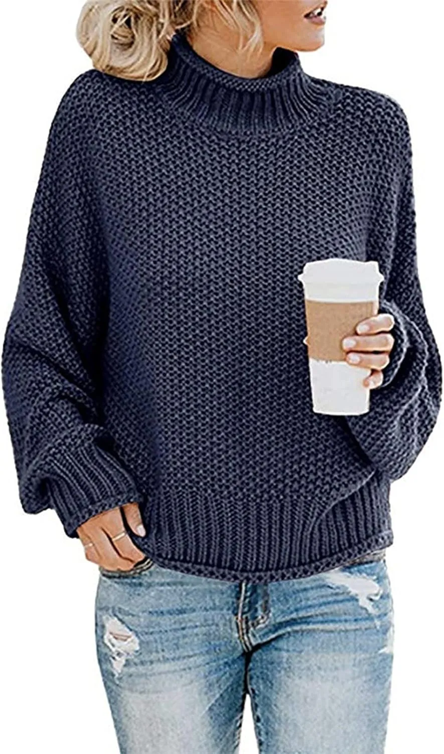 Womens Black Turtleneck Sweater Long Sleeve Casual Sweater Winter Trendy Sweater Loose Fitting Sweater Blouse